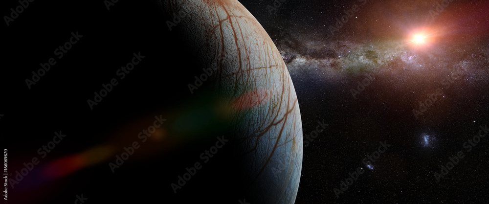 Naklejka premium Europa, moon of the planet Jupiter in front of the Milky Way galaxy and the Sun