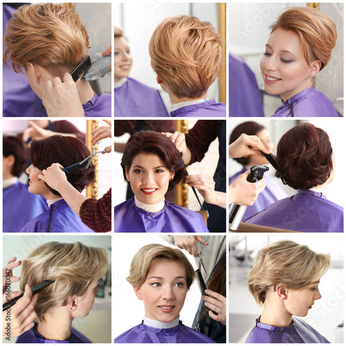 Collage of young women having hair cut at barbershop