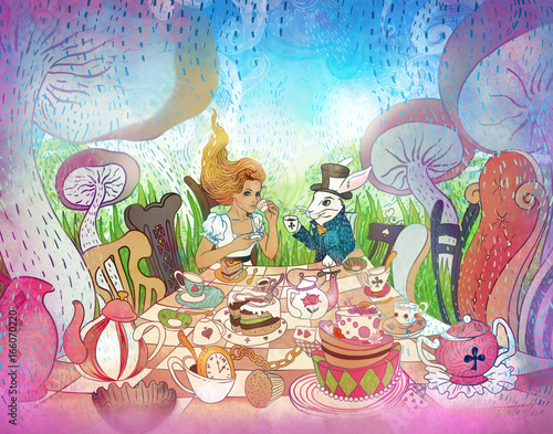 Mad Tea Party. Alice's Adventures in Wonderland illustration. Girl, white rabbit drink from cups under giant mushrooms. Design for Wonderland invitation, postcard, poster, fairy tale
