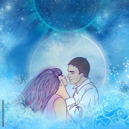Young beautiful couple kissing in the moonlight. Romantic love, Valentine's day concept. Raster illustration.