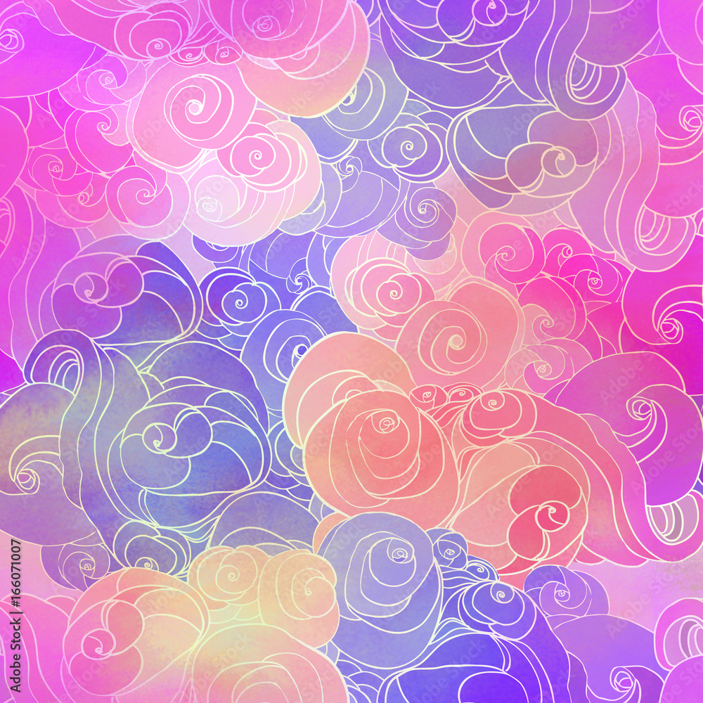 Color raster abstract hand-drawn pattern with waves and clouds in neon pastel colors. Retro gothic style.