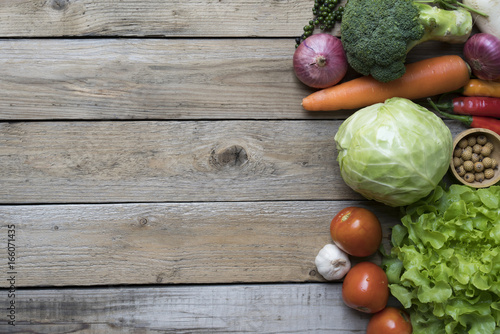 Fresh farmers market fruit and vegetable from above with copy space, healthy food concept