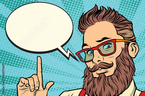 Bearded hipster man portrait pointing finger