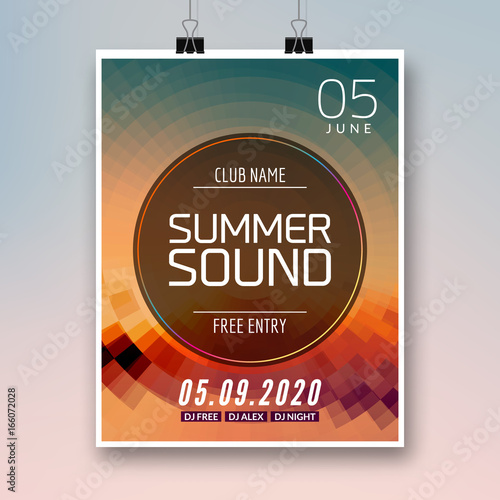Music summer party poster graphic design. Disco dance flyer or poster template. Summer sound party event