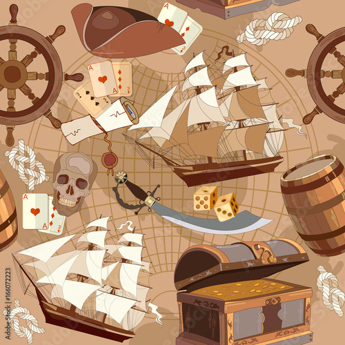 Tapety Stare mapy skarb piratów wzór, przygodowe historie koncepcji. Skrzynia skarbów, kierownica, czaszka, piracka czapka szabli rumowej. Pirackie przygody historie bezszwowe tło
