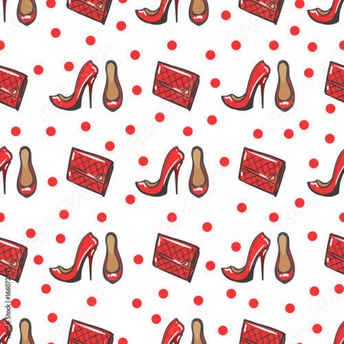 Fashion seamless pattern with red stylish shoes and clutch on polka dots backdrop
