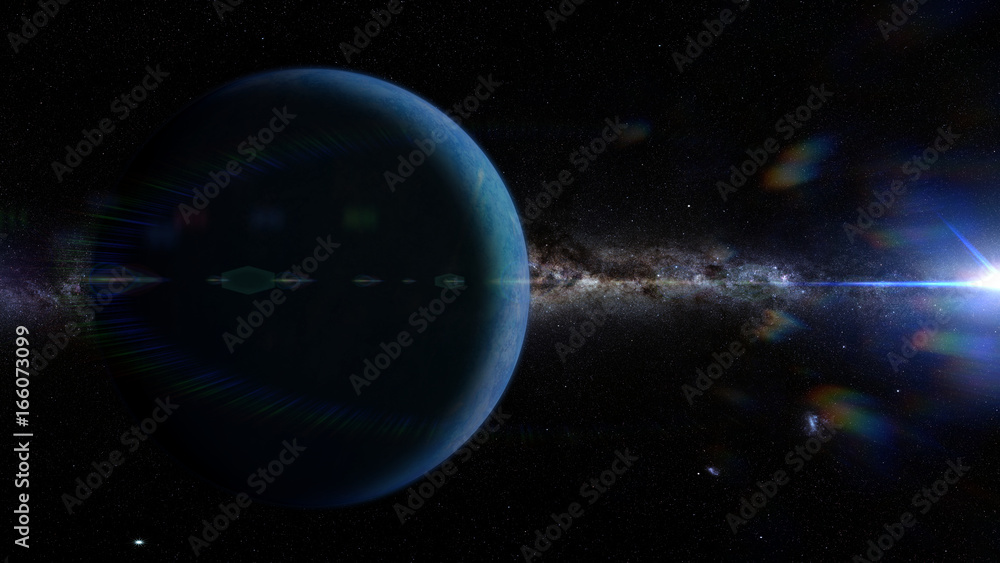 Naklejka premium the hypothetical planet nine in front the Milky Way galaxy and lit by the Sun