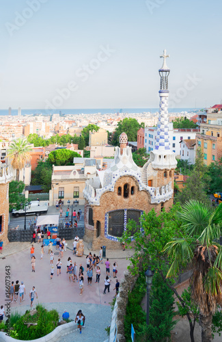 Gaudi bench and cityscape of Barcelona from park Guell, Catalonia Spain