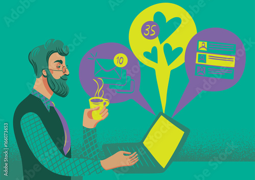 Businesman hipster checking his messages in social network