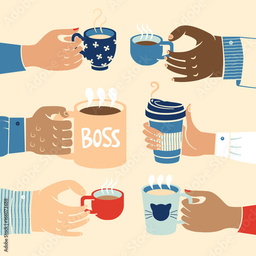 Close up of multiethnic business hands holding coffee