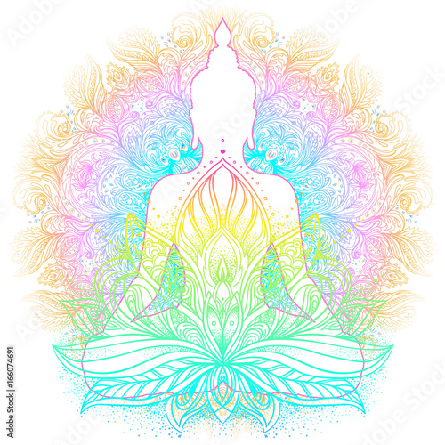 Sitting Buddha silhouette. Vintage decorative vector illustration. Hand drawn mandala. Mehenidi ornate decorative style. Yoga studio, Indian, Buddhism, Esoteric motifs.