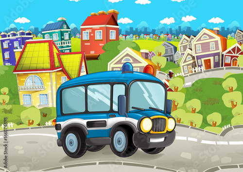 cartoon funny looking cartoon police bus driving through the city - illustration for children © honeyflavour