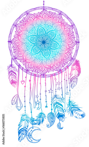 Hand drawn Native American Indian talisman dreamcatcher with feathers and moon. Vector hipster colorful gradient illustration isolated on black.