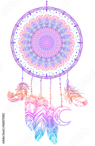 Hand drawn Native American Indian talisman dreamcatcher with feathers and moon. Vector hipster colorful gradient illustration isolated on black.