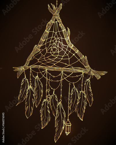 Hand drawn drawing of a triangle-shaped dreamcatcher with feathers. Vector illustration isolated. Ethnic tattoo design with American Indians amulet, tribal in gold over black