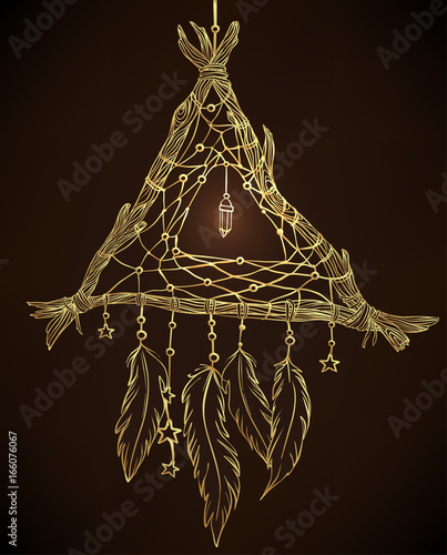 Hand drawn drawing of a triangle-shaped dreamcatcher with feathers. Vector illustration isolated. Ethnic tattoo design with American Indians amulet, tribal in gold over black