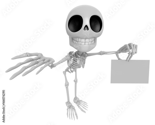 3D Skeleton Mascot the left hand guides and the right hand is holding a business cards. 3D Skull Character Design Series.