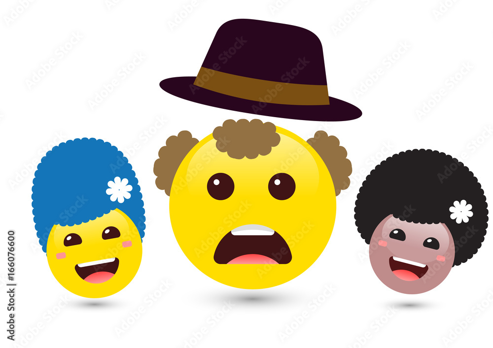 Set of volume smiling women and yellow man emoji with hat. Vector illustration of family of cute smiley emoticons on white background. Set of volume smiling women and yellow man emoji with hat. Vector illustration of family of cute smiley emoticons on white background.