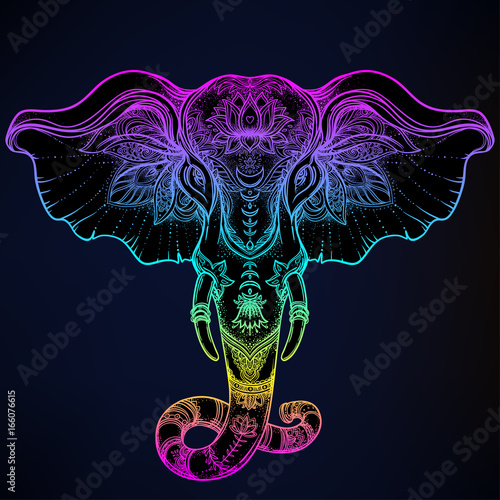 Beautiful hand-drawn tribal style elephant over mandala. Colorful design with boho pattern, psychedelic ornaments. Ethnic poster, spiritual art, yoga. Indian god Ganesha, Indian symbol.