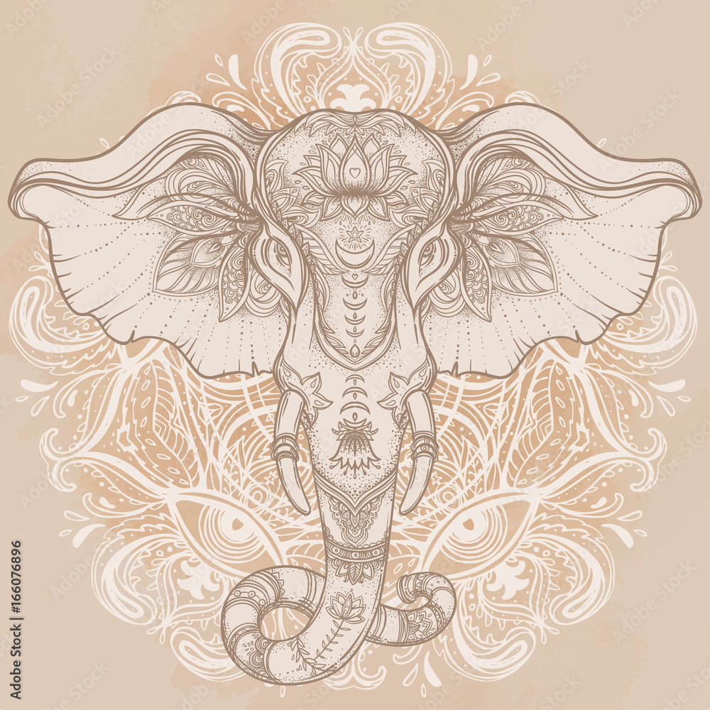 Naklejka premium Piękny ręcznie rysowane słoń w stylu plemiennym nad mandalą. Kolorowy design ze wzorem boho, psychodeliczne zdobienia. Plakat etniczny, sztuka duchowa, joga. Indyjski bóg Ganesha, indyjski symbol.