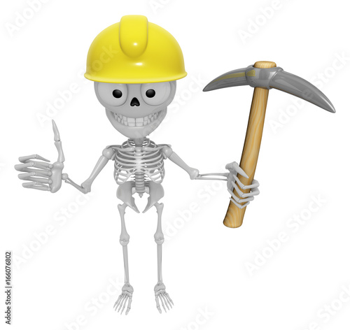 3D Skeleton Mascot is holding electric pickax. 3D Skull Character Design Series. photo