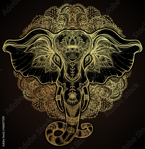Beautiful hand-drawn tribal style elephant over mandala. Colorful design with boho pattern, psychedelic ornaments. Ethnic poster, spiritual art, yoga. Indian god Ganesha, Indian symbol.