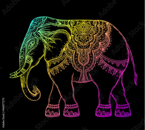Beautiful hand-drawn tribal style elephant over mandala. Colorful design with boho pattern, psychedelic ornaments. Ethnic poster, spiritual art, yoga. Indian god Ganesha, Indian symbol.