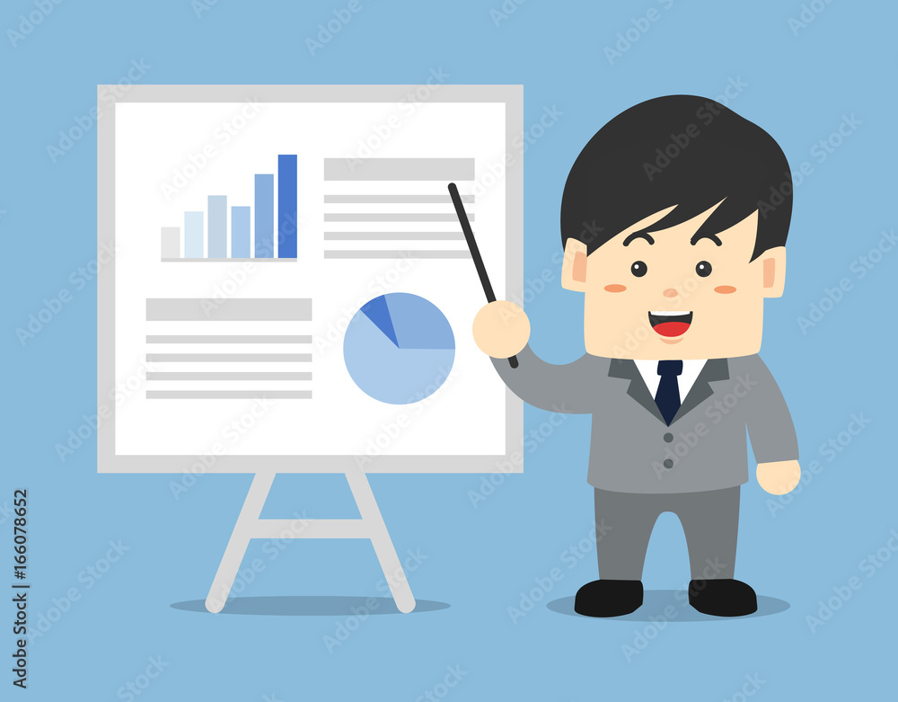 Young adult business man is pointing to the chart board. He is confident to presenting the graph of some information. Young adult business man is pointing to the chart board. He is confident to presenting the graph of some information.