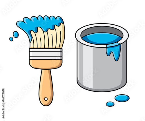 Blue paint brush and bucket can vector isolated.