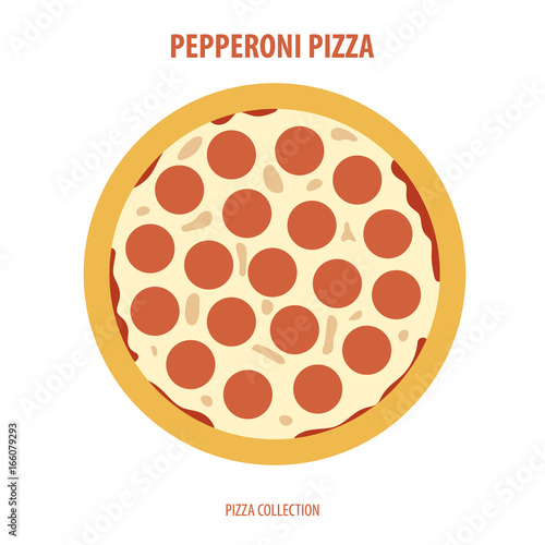 Pepperoni pizza in top view. Flat design vector illustration.