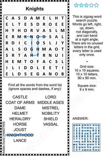 Knights themed zigzag word search puzzle (suitable both for kids and adults). Answer included.
