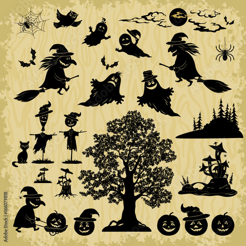 Set of Cartoon Objects and Subjects for the Holiday Halloween Design, Landscapes, Trees, Animals and Characters, Pumpkins Jack-O-Lantern, Witch, Ghosts, Mushrooms and Other, Black Silhouettes. Vector
