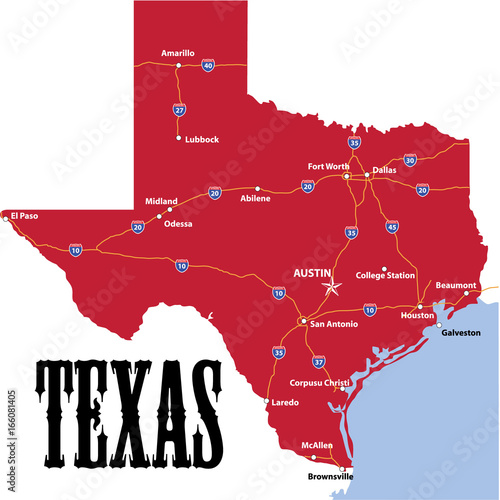 Texas Boundary Map Colour Including Main Highways © Gordon