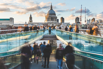 London and St Paul Cathedral with blurred people