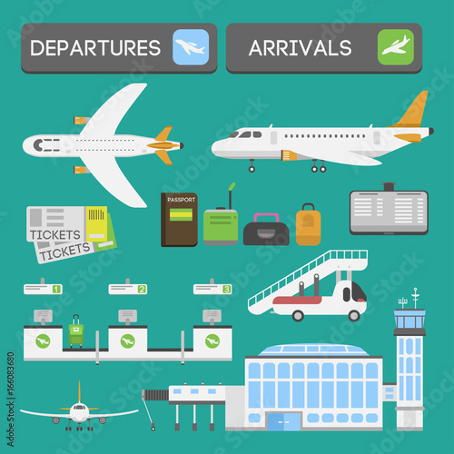 Plane airport transport symbols flat design illustration station concept air port symbols departure luggage plane business vector