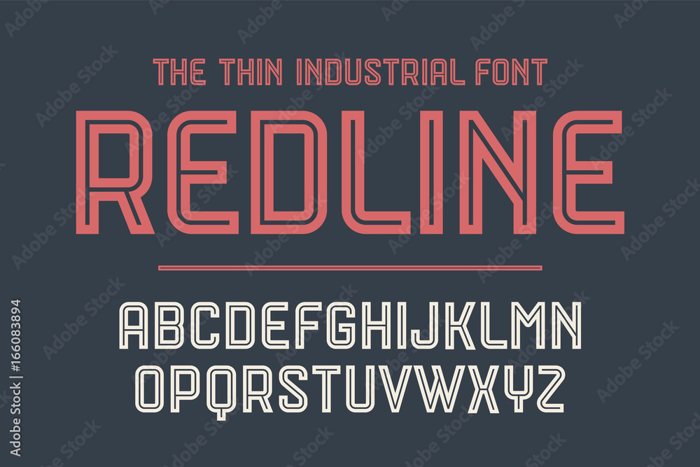 Plakat Alphabet and font Red Line. Bold, regular and medium uppercase letters. Strong trendy industrial inline font for creative design, advertising, typographic. Vector Illustration