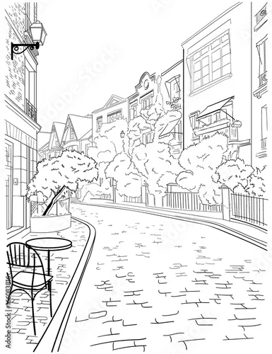 Obraz Spacer po centrum Paryża, słynnej dzielnicy Montmartre, widok ze schodów. Szkic, ręcznie rysowane grafika wektorowa.