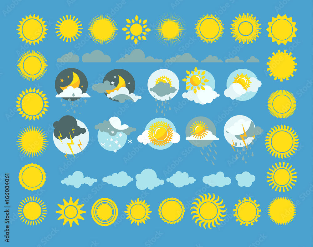 Set of weather icons vector. Sun, cloud, rain, moon