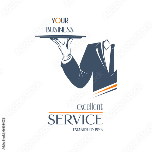 Waiter holds a tray over white background. Simple vector illustration logo, isolated. Excellent service sign. Classic banner or label for restaurants, cafe and any business. 