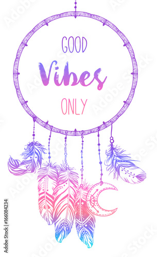 Dream catcher frame with bird feathers isolated on white. Good vibes only. Hand drawn illustration. Invitation element. Tattoo, astrology, alchemy, boho and magic symbol.
