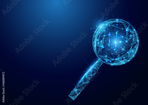 Low polygon Magnifying wireframe mesh on blue background
