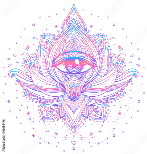 Vector ornamental Lotus flower, all-seeing eye, patterned Indian paisley. Hand drawn illustration. Invitation element. Tattoo, astrology, alchemy, boho and magic symbol.