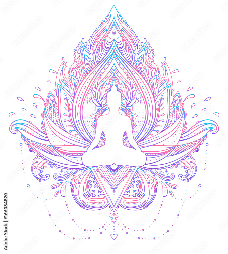 Sitting Buddha silhouette over ornamental Lotus flower. Esoteric vector illustration. Vintage decorative, Indian, Buddhism, spiritual art. Hippie tattoo, spirituality. Sitting Buddha silhouette over ornamental Lotus flower. Esoteric vector illustration. Vintage decorative, Indian, Buddhism, spiritual art. Hippie tattoo, spirituality.