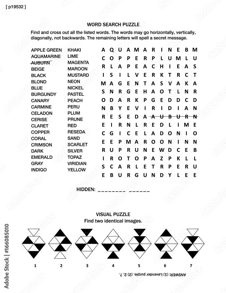 Puzzle page with two brain games: color names and properties themed word  search puzzle (English language), and visual puzzle. Black and white, A4 or  letter sized. Answer included. Stock Vector | Adobe