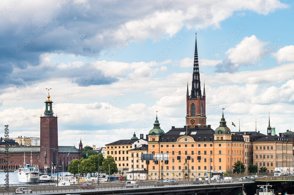 View over Riddarholmen island, church and City Hall. Historical center of Stockholm, Sweden