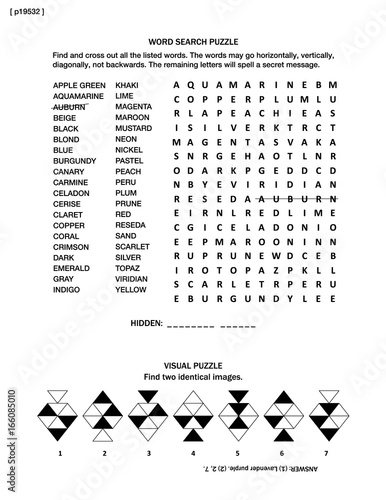 Puzzle page with two brain games: color names and properties themed word search puzzle (English language), and visual puzzle.  Black and white, A4 or letter sized. Answer included.
 photo