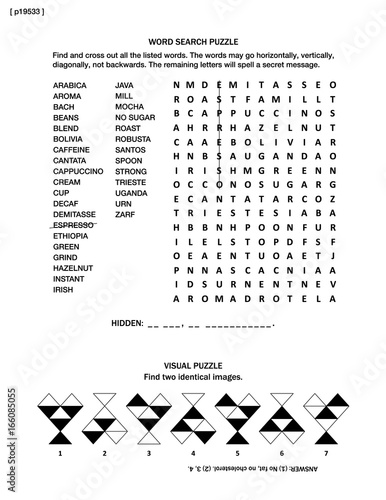 Puzzle page with two brain games: all about coffee themed word search puzzle (English language), and visual puzzle.  Black and white, A4 or letter sized. Answer included.
