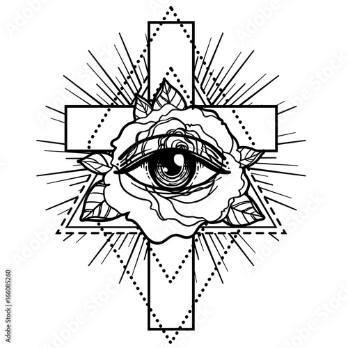 Rosicrucianism symbol. Blackwork tattoo flash. All seeing eye, Cristian cross with rose flower. Sacred geometry. Vector illustration isolated on white. Tattoo design, mystic symbol. photo