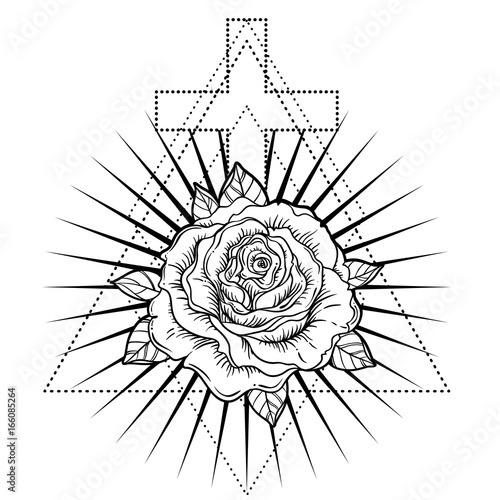 Rosicrucianism symbol. Blackwork tattoo flash. All seeing eye, Cristian cross with rose flower. Sacred geometry. Vector illustration isolated on white. Tattoo design, mystic symbol. photo