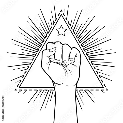 Human hand raised up over triangle shape with rays. Symbol of fighting, Revolution, protest, riot. Masonic sign. Fight like a girl.